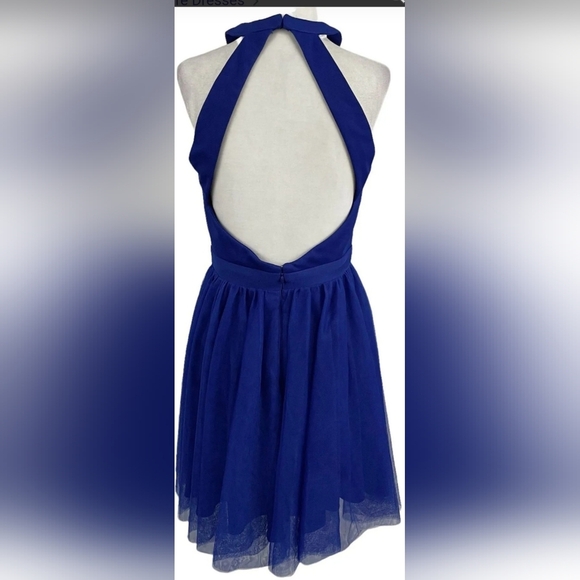 Blondie Nites Royal Blue & Cream Halter Style Neckline Fit & Flare Chiffon Mini - Picture 4 of 10